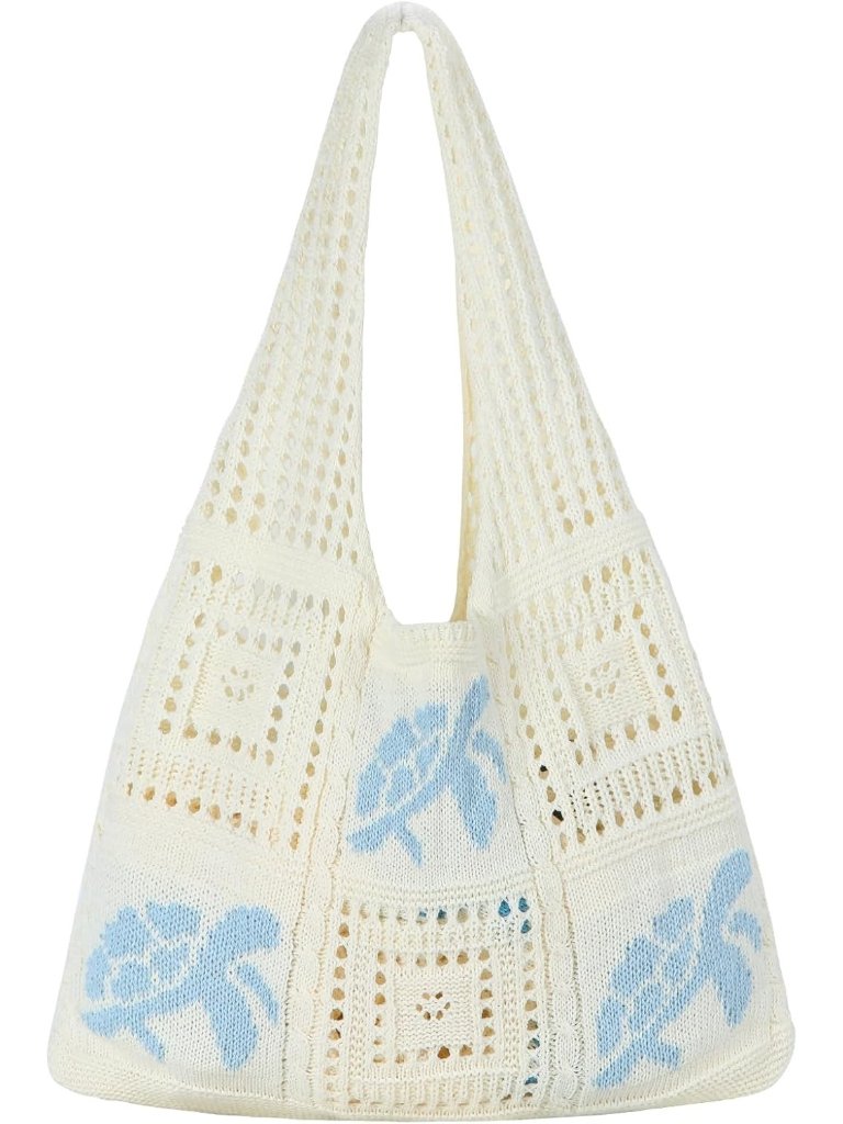 Women's Light Blue Aesthetic Mesh Beach Tote Bag Summer Vacation Knitted Bag